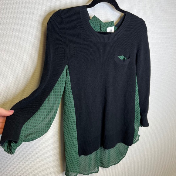 CAbi Tops - Cabi Womens XS Black Green Mixed Media Button Back Geometric Sweater Top